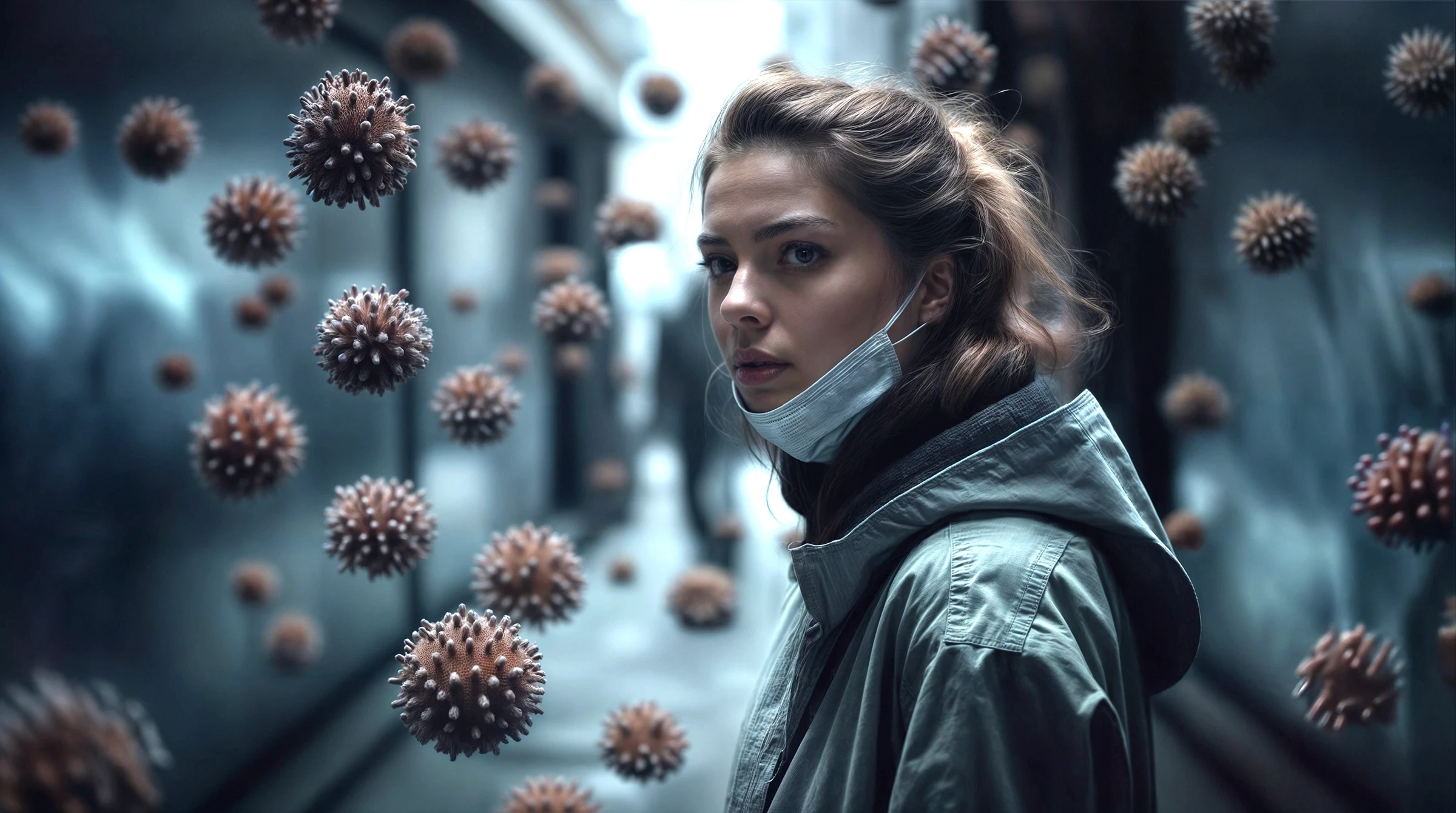 jongedame met loshangend  mondmasker die verontrust door virusdeeltjes