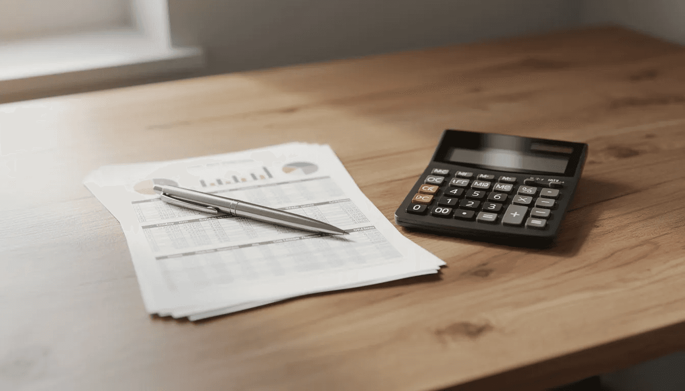 The image features a calculator, financial statements, and a pen arranged neatly on a wooden desk, symbolizing the meticulous work of financial professionals. This setup reflects the importance of personalized financial planning and investment advice in achieving financial goals.