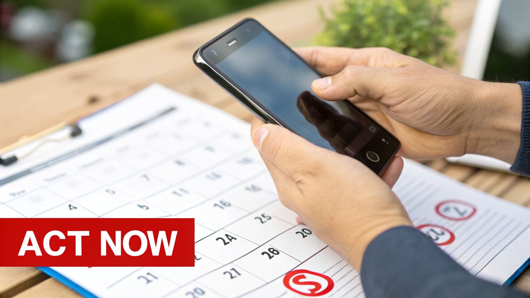 Close-up of hands holding a smartphone over a calendar, with a prominent 'ACT NOW' overlay.