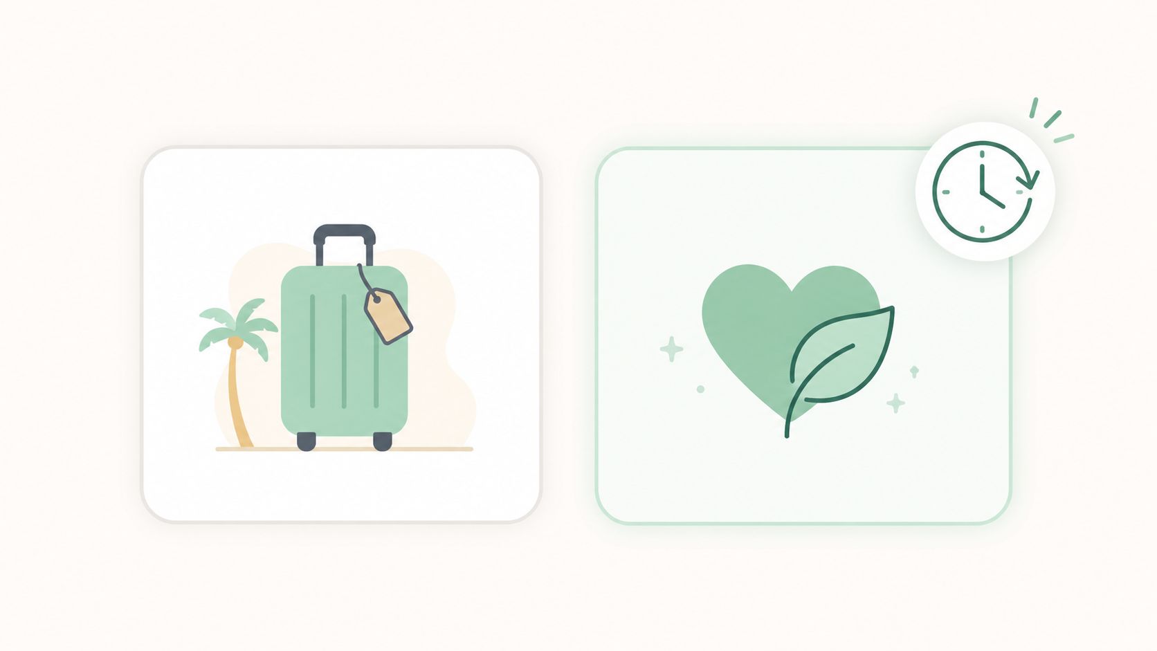 Two illustrative icons side by side representing travel luggage with a palm tree and a sustainable heart.
