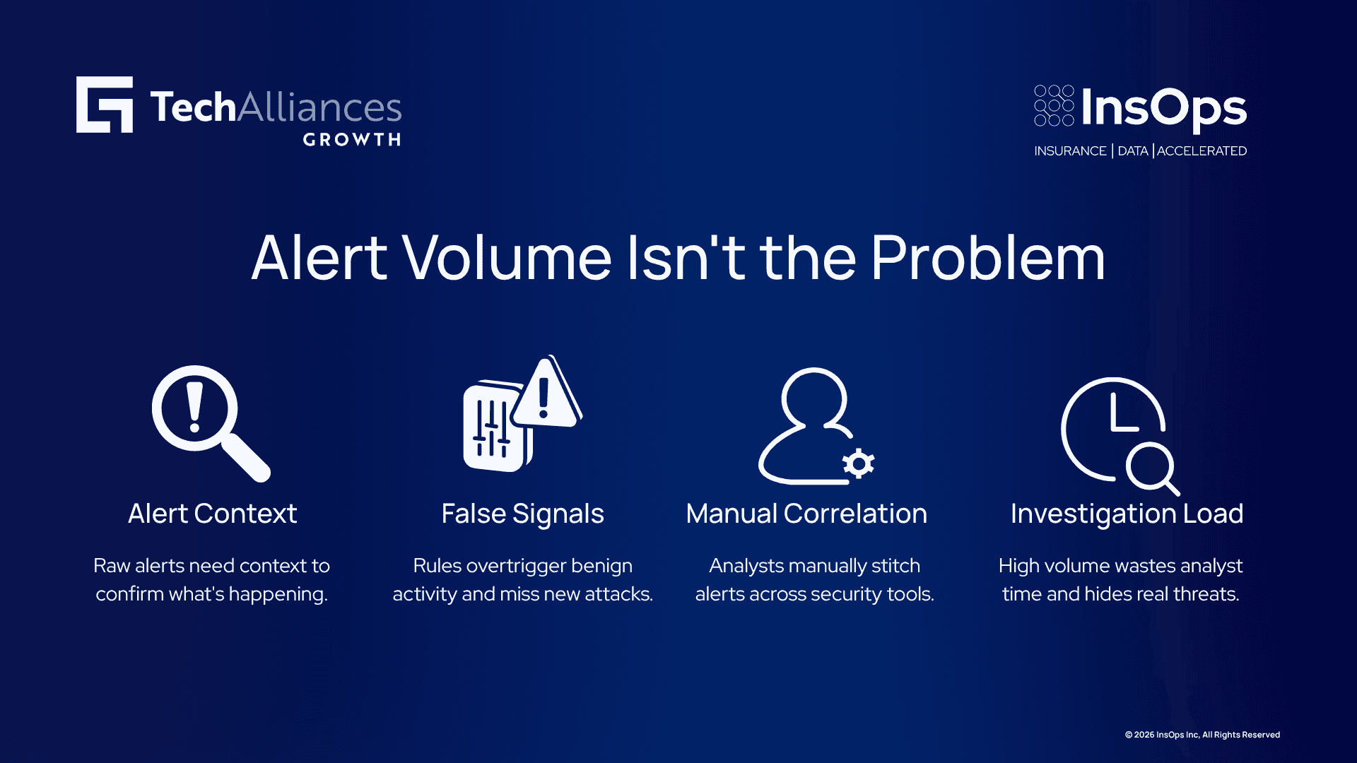 Infographic about alert fatigue showing context gaps, false positives, manual correlation, and investigation overload.