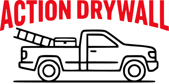 Action Drywall Logo with work truck and bold red letters