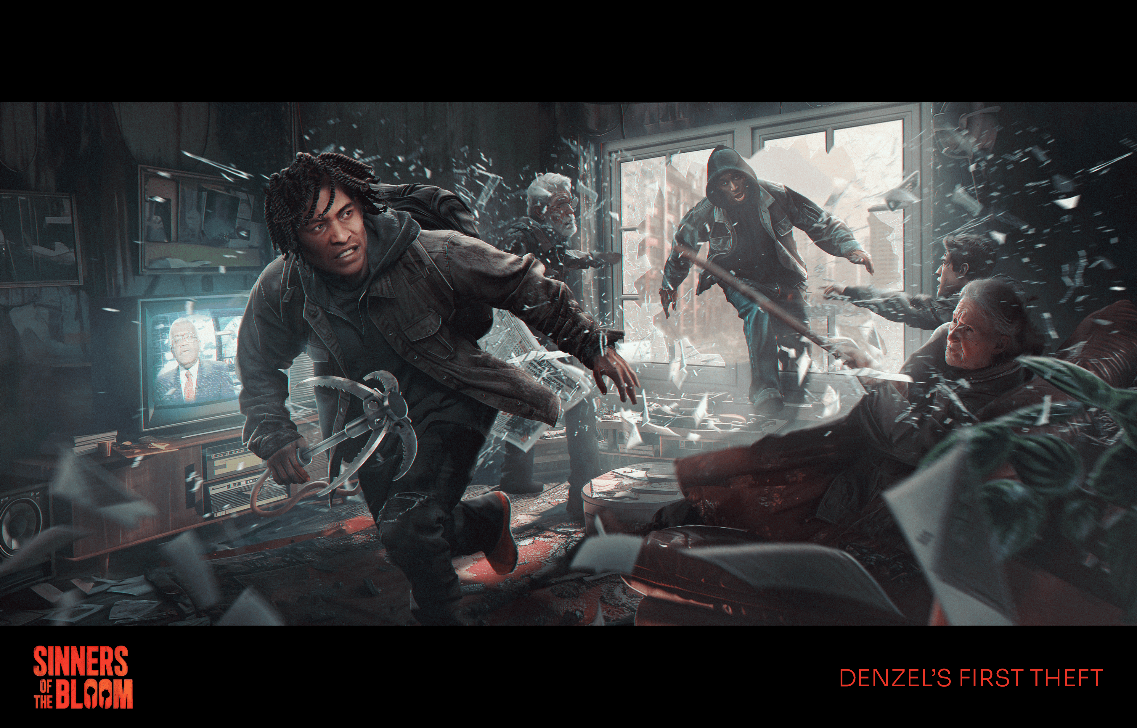 Denzel needed to break through this family apartment as walking on the streets is dangerous when junkies are lurking.