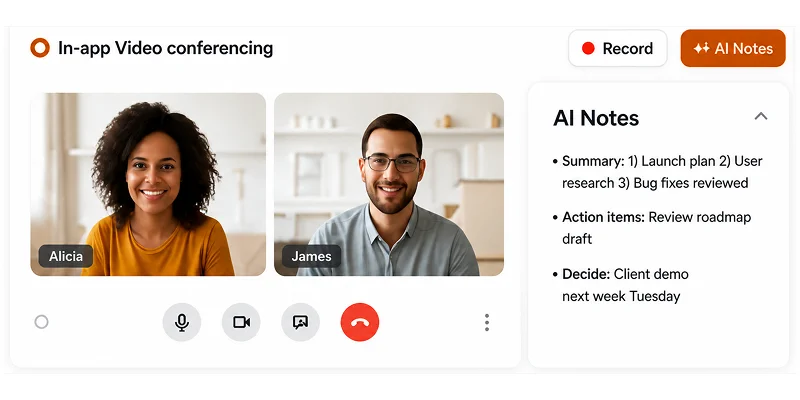 Video conferencing interface with two participants, AI meeting notes, automatic transcription, action item extraction, and recording controls integrated into the meeting.