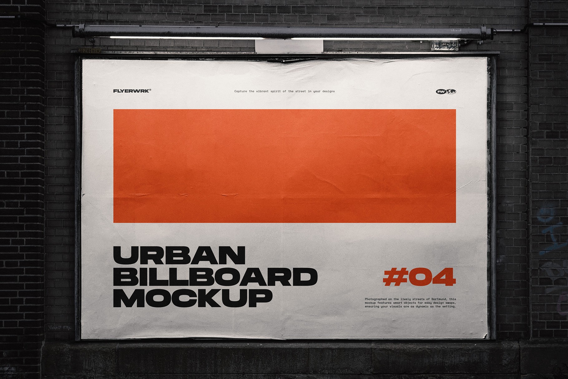 Urban billboard mockup on brick wall under dramatic night lighting