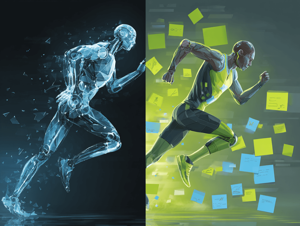 image showing one side as robotic and other as free and sprinting the sticky notes representing ideas