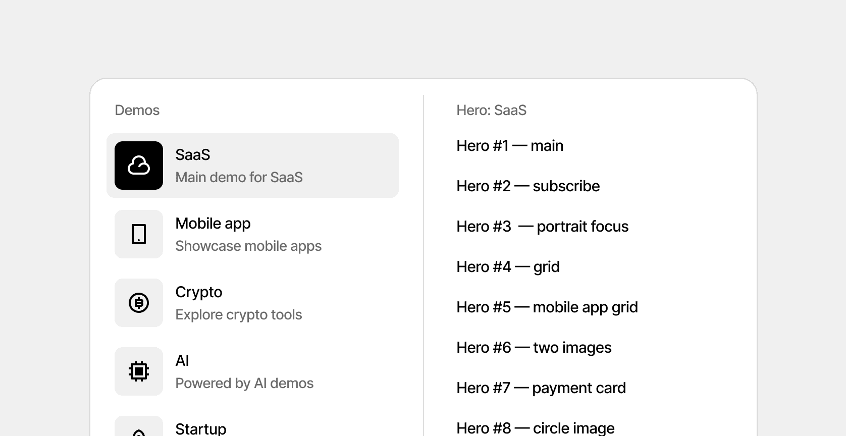 Demos menu with SaaS, Mobile app, Crypto, and AI categories