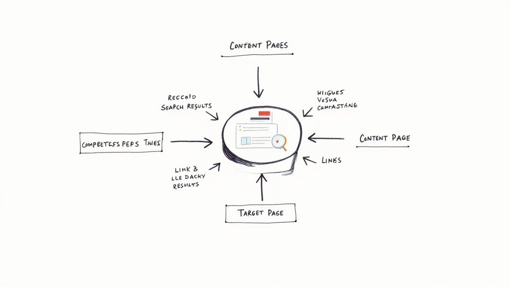 A person using a magnifying glass to look at a bar chart, representing SEO analysis.