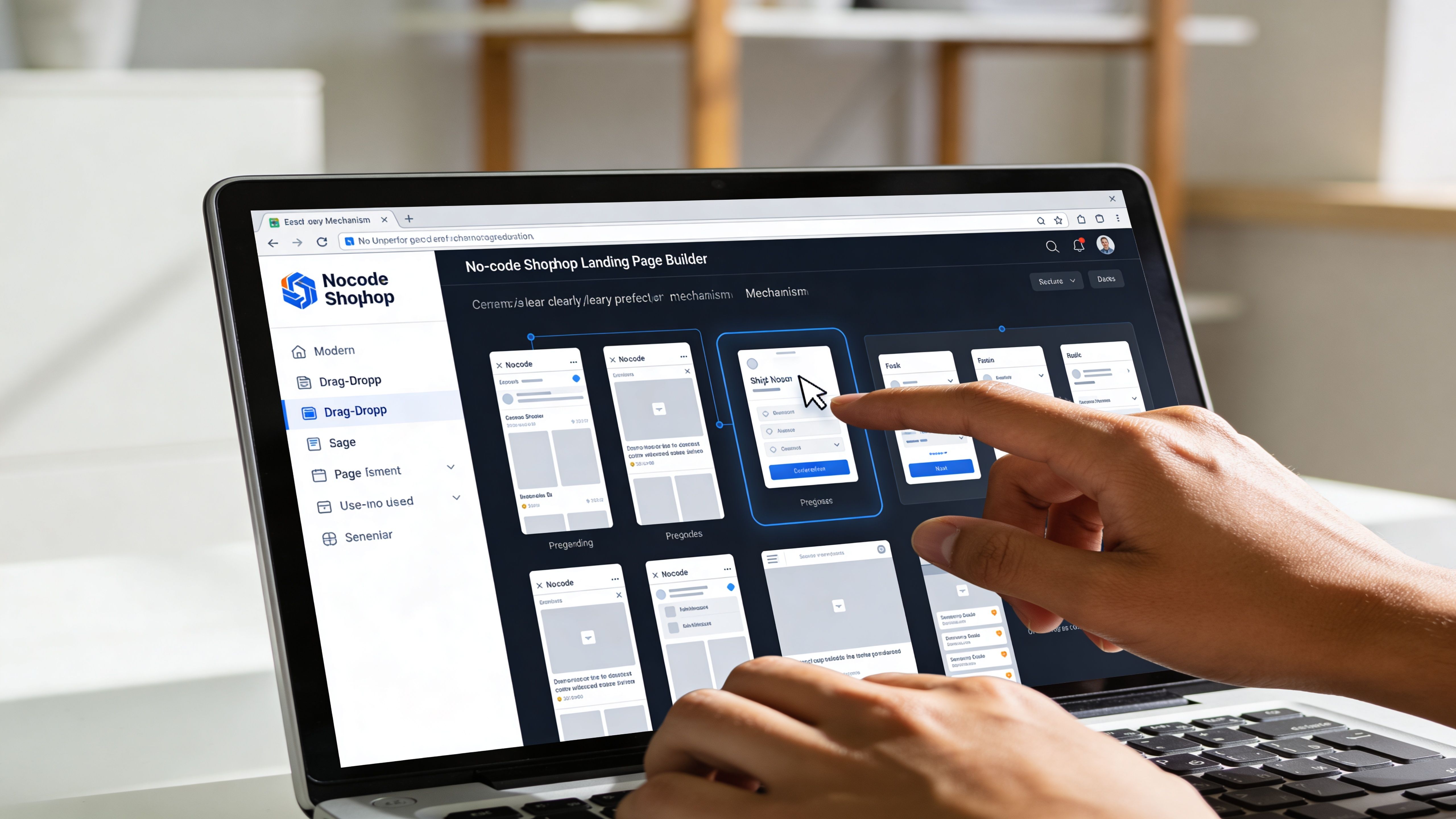 A person using a laptop to design a website layout with a no-code landing page builder interface.