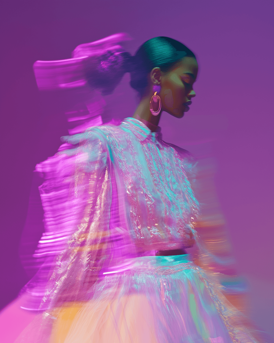 A profile view of a model in an elegant, layered gown with vibrant, colorful lighting in the background.