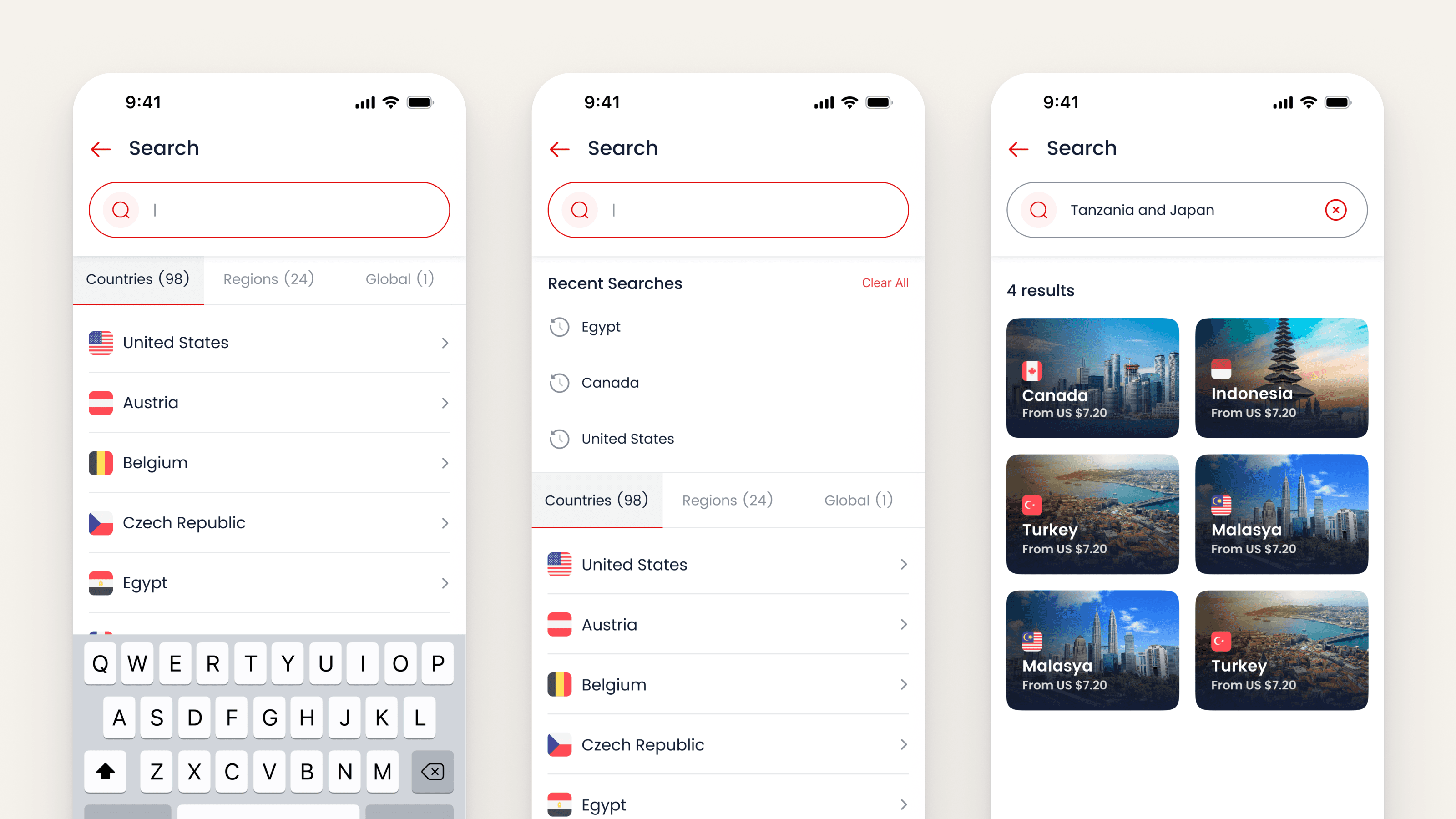 Search in three states: empty with the keyboard, recent searches, and results for a two-country query