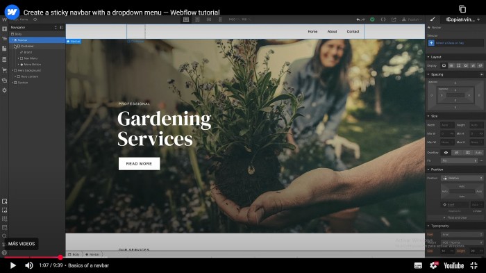 Estructura básica de página web en Webflow con navbar, sección hero, contenido y footer.