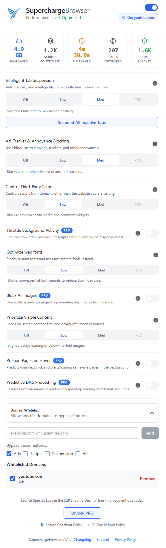 SuperchargeBrowser Chrome extension interface showing optimized performance status and main settings.