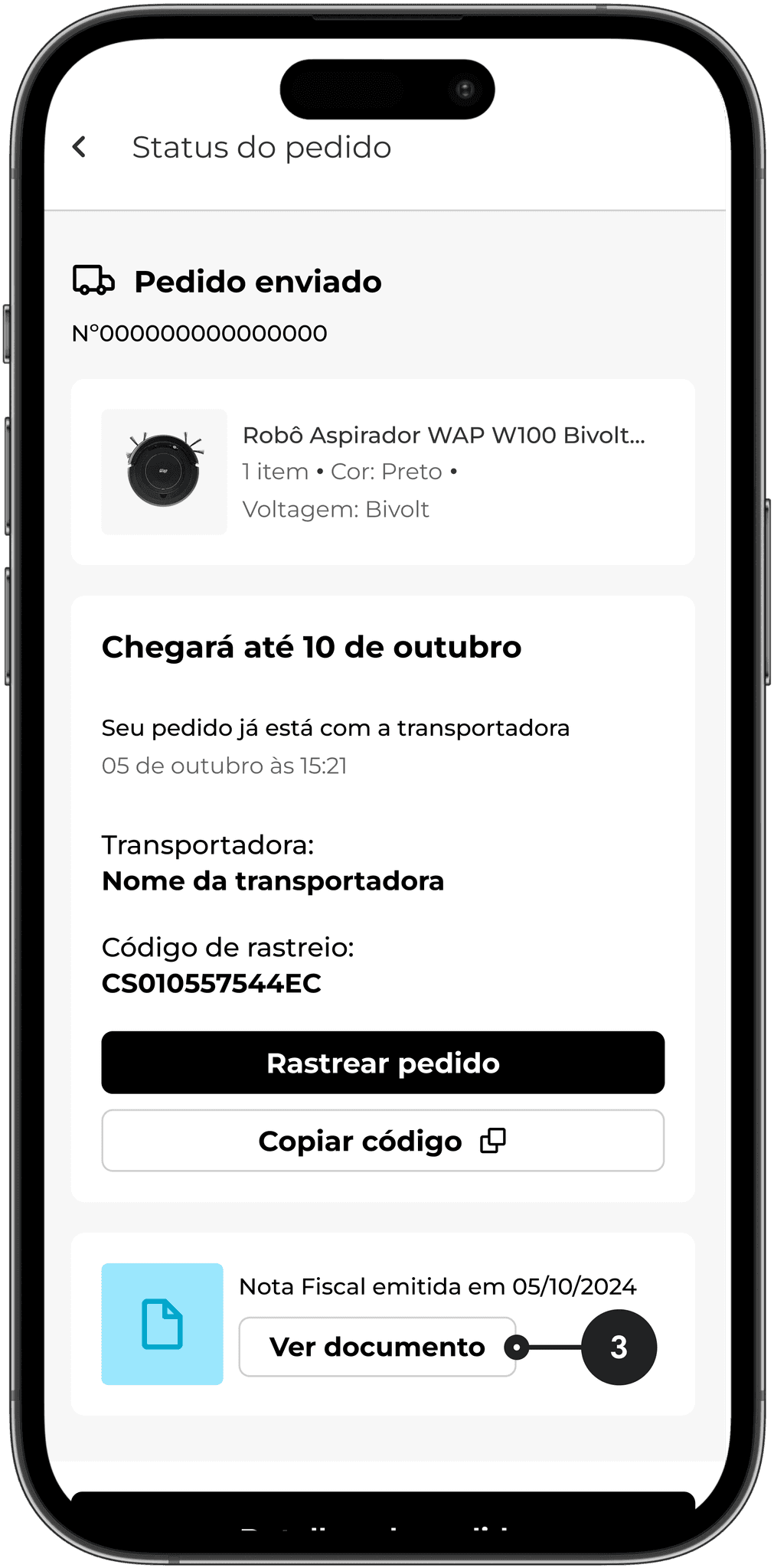 Página de pedido enviado com dados para rastreio do pacote e nota fiscal