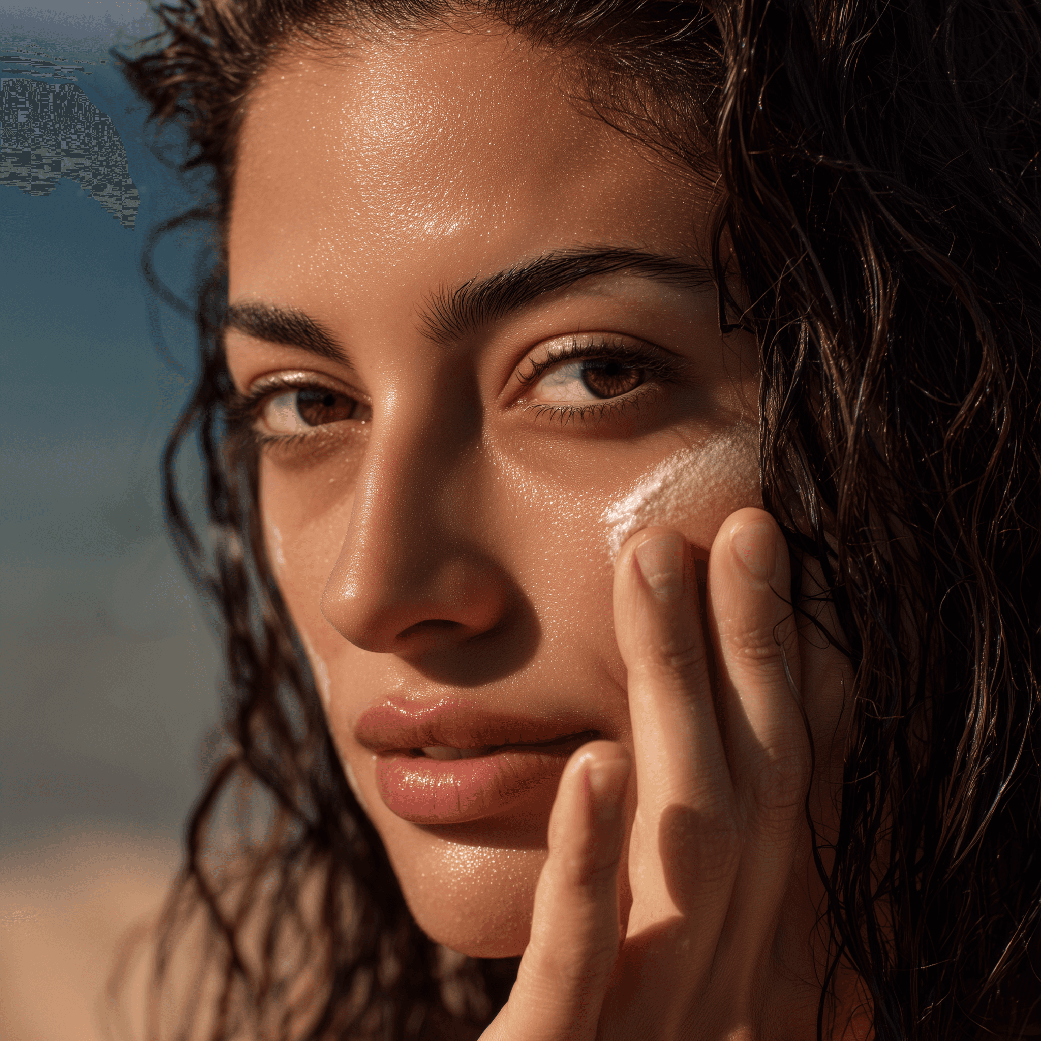 Women on beach applying cream on face portrait