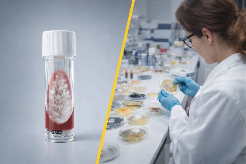 Laboratório desorganizado com tubos misturados, bancadas sujas, equipamentos antigos e materiais espalhados, ilustrando um ambiente caótico e propenso a erros laboratoriais.