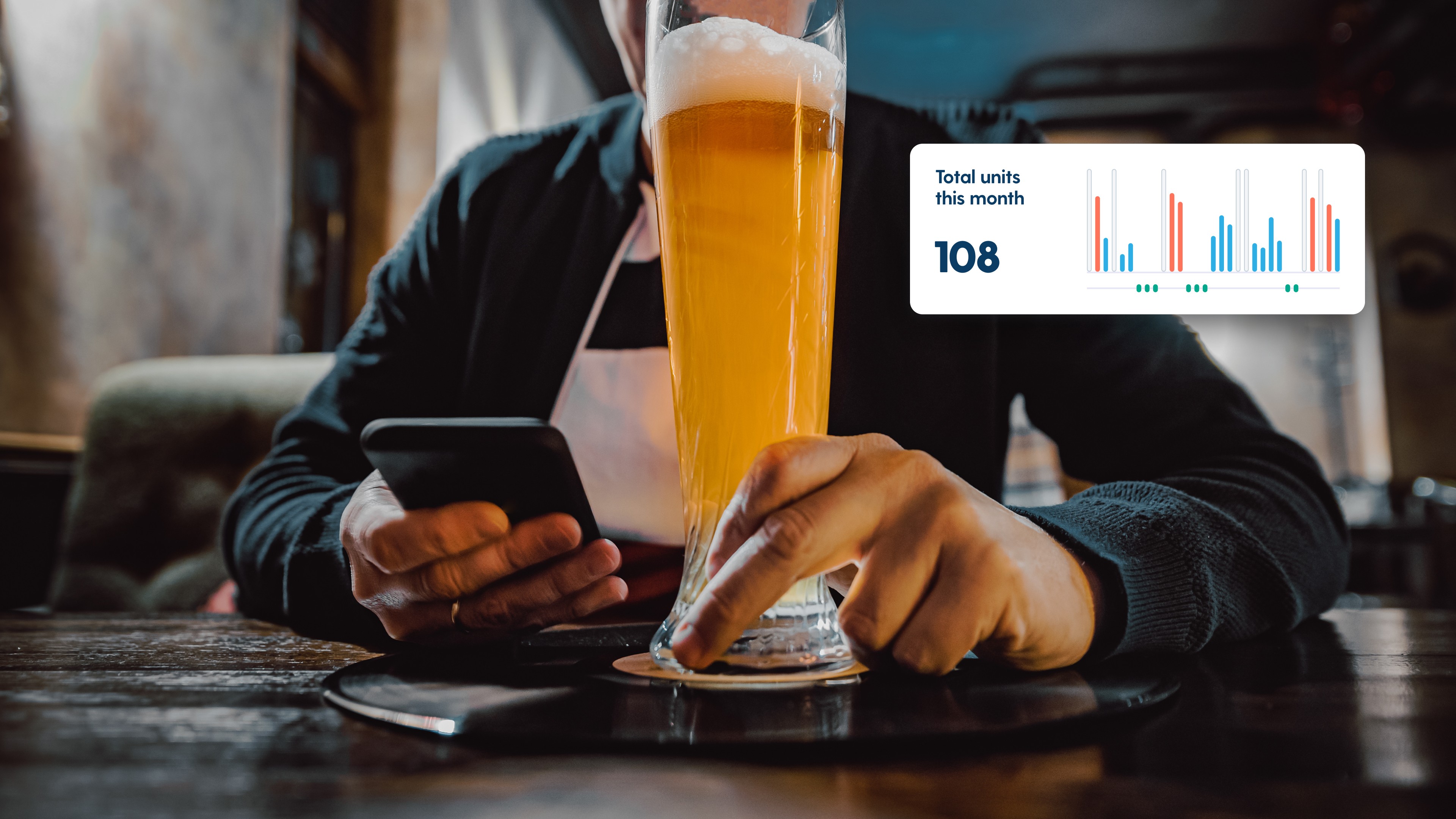 User interacting with the MyDrinkaware app on a smartphone, tracking alcohol units, with a clear data visualization overlay displaying monthly consumption trends.