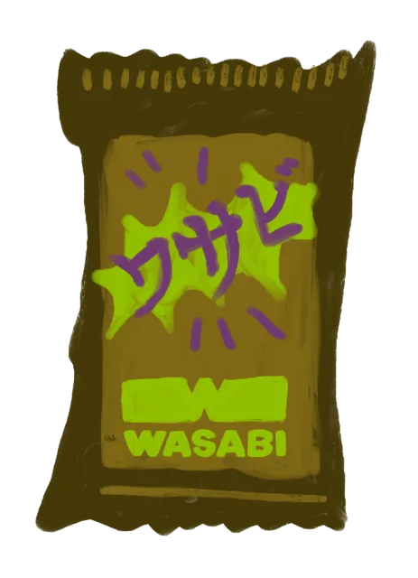 Ilustración de un paquete con inscripciones en japonés. Incluye el logo de Wasabi