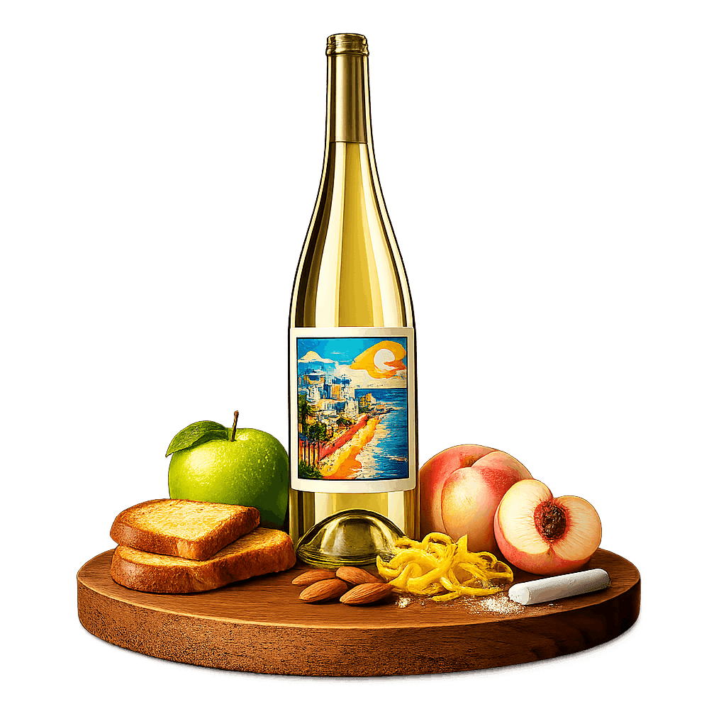 Artistic label and flavor profile for Israeli Sparkling Wine on a rustic wooden table.