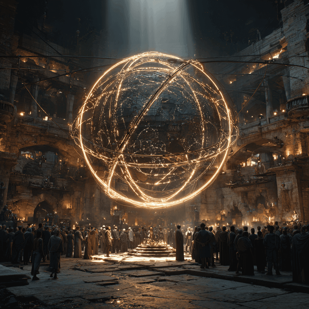 A cinematic, ultra-realistic scene of a rugged, real-world marketplace or digital boardroom. At the center stands a weathered but composed entrepreneur, illuminated by a massive, glowing geometric orb (circle or sphere) suspended in midair symbolizing verifiable truth. Inside the orb, intricate layers of source citations, transparent data, and credible metrics pulse with light. Around them, a crowd of skeptical onlookers and competitors try to pitch shadowy, dim offerings but all attention is drawn to the glowing source of truth. Warm, golden light reflects off human faces filled with curiosity, trust, and quiet awe. Emphasize natural textures (skin, fabric, metal), high dynamic range lighting, subtle shadows, and real emotional resonance trust, courage, clarity.