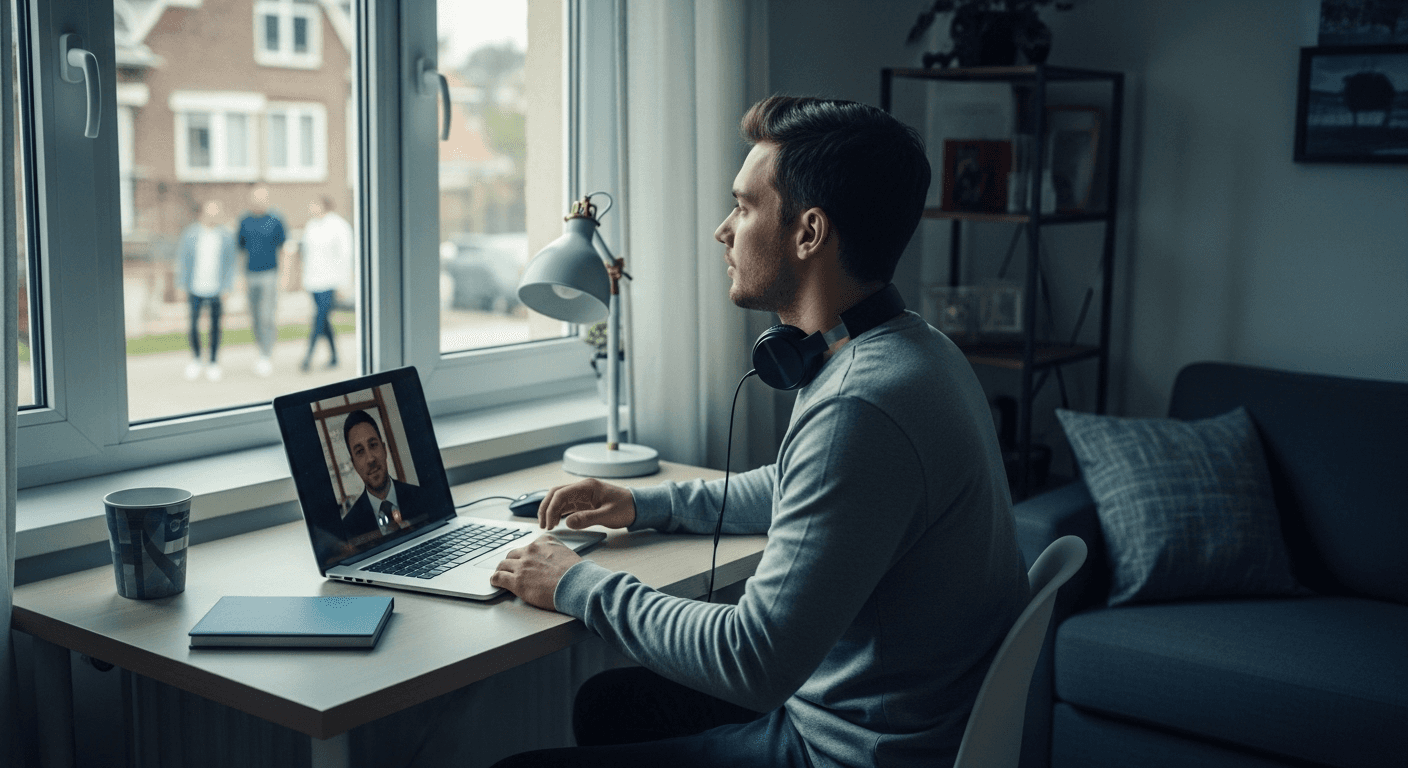 A young man at his home desk looking out the window at people walking together outside after a video call