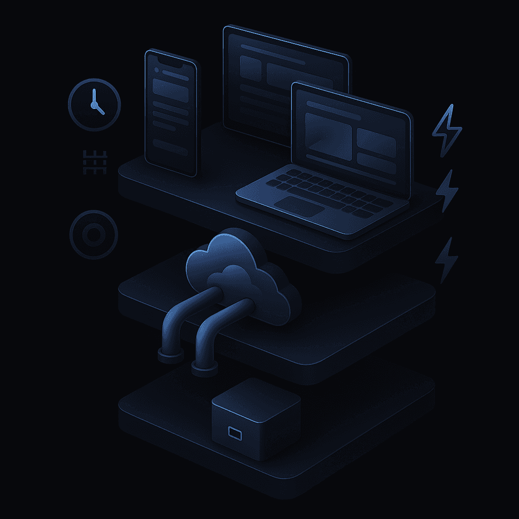 Layered headless CMS diagram with repository, API, CDN, and devices plus icons for key performance metrics.