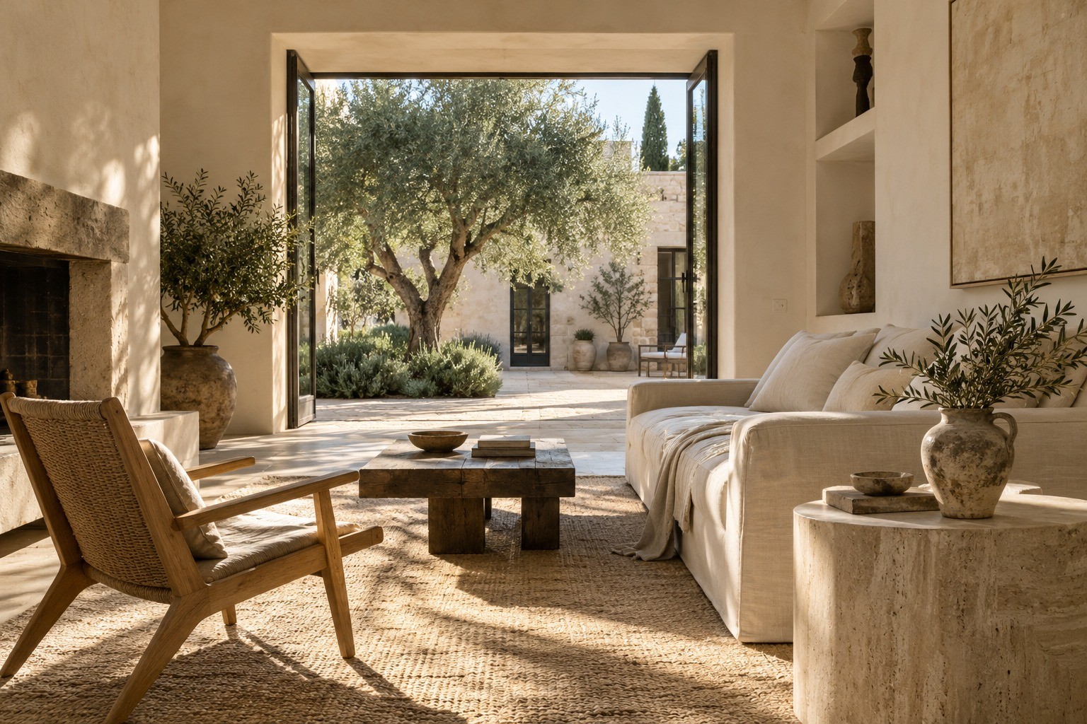 Sunlit living room opening onto the olive courtyard