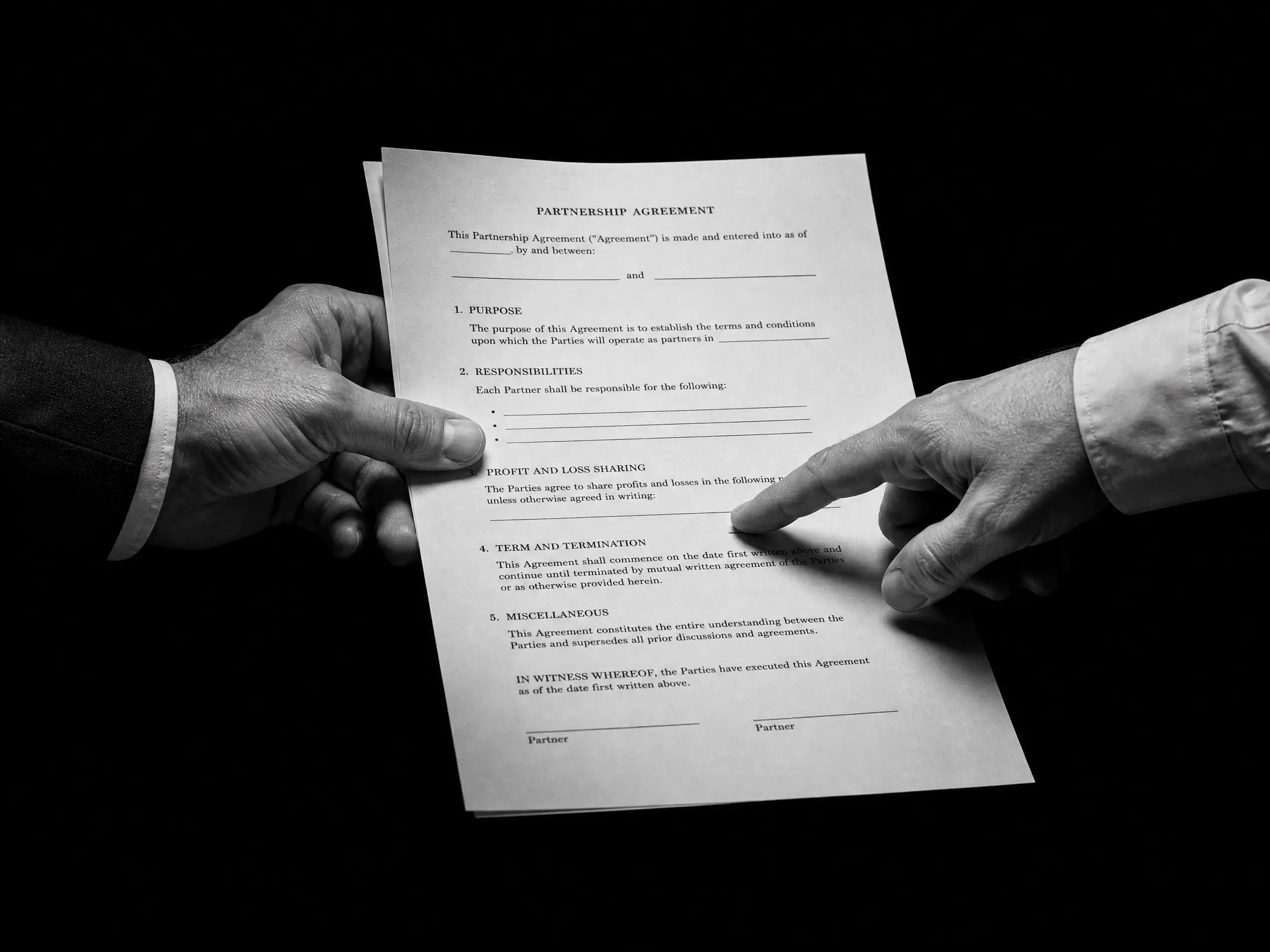 Deux mains désignant les clauses d'un accord de partenariat, illustrant la mise en œuvre de la stratégie juridique.