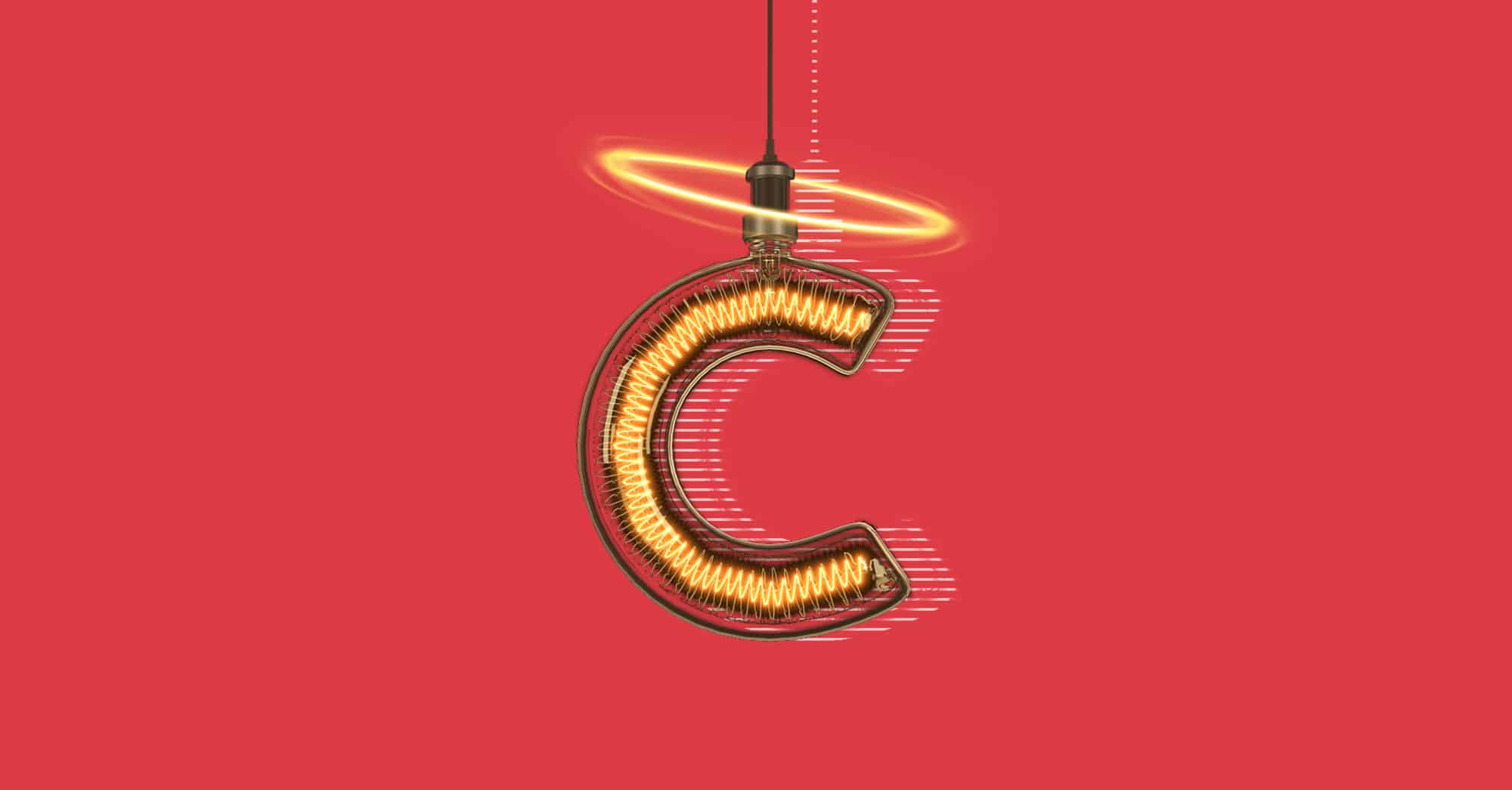 Lámpara de neón letra C en fondo rojo iluminado.