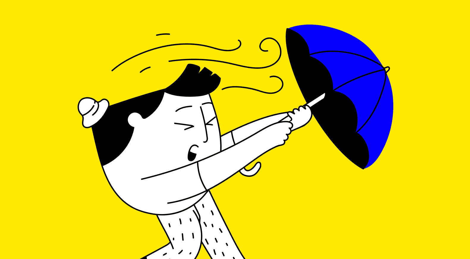 Pessoa enfrentando uma tempestade com um guarda-chuva azul, representando os desafios na execução de testes de usabilidade.