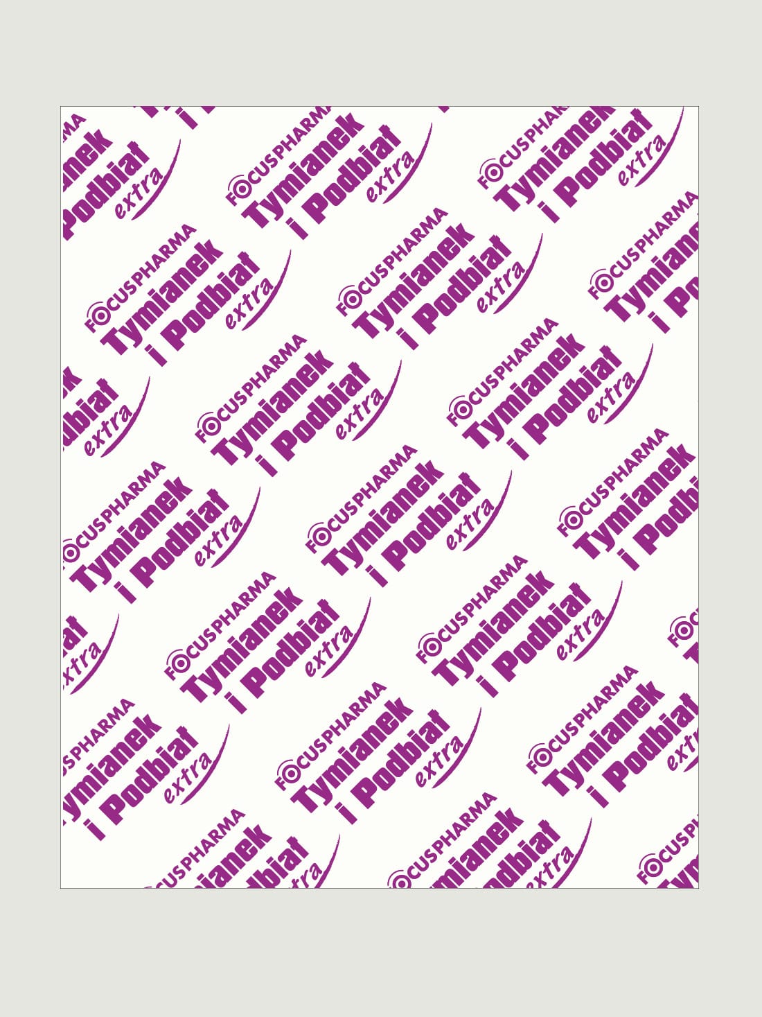 Powtarzający się wzór fioletowego i białego tekstu „blister” z logo „Focuspharma Tymianek i Podbiał Extra” na szarym tle, podkreślający branding farmaceutyczny