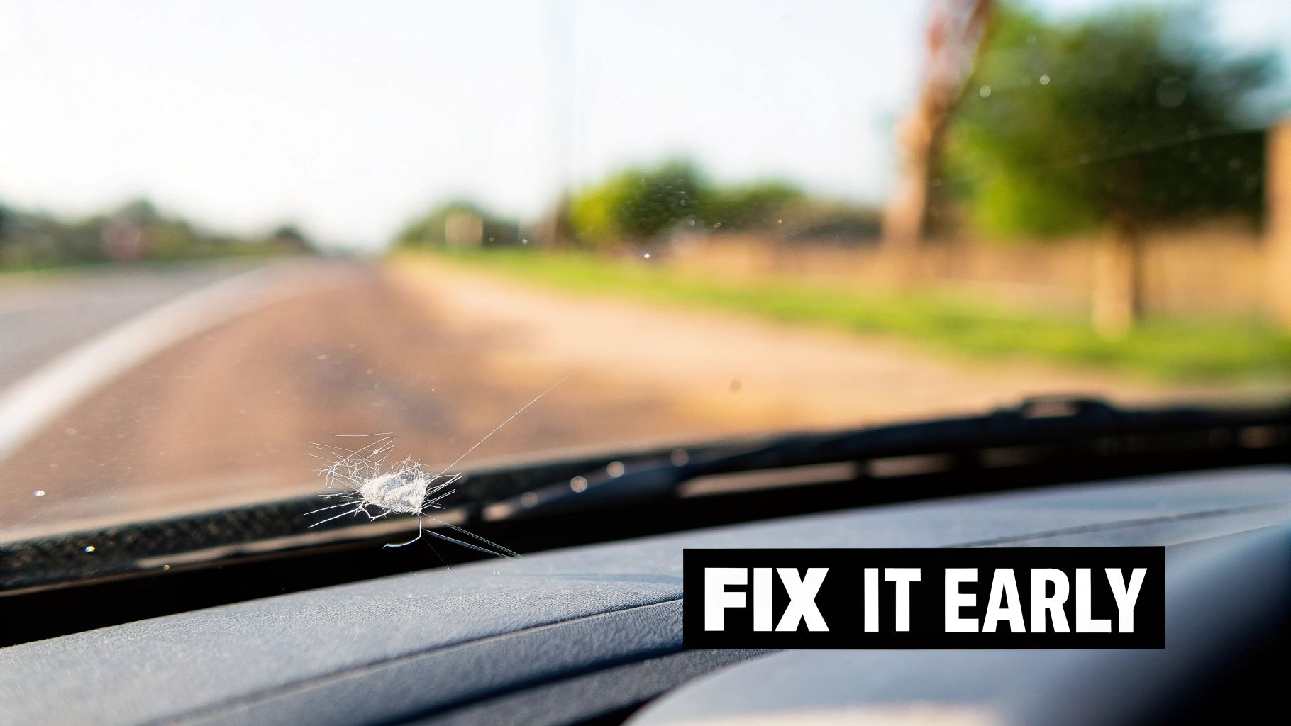 A small crack on a windshield with a blurry background of the road ahead.