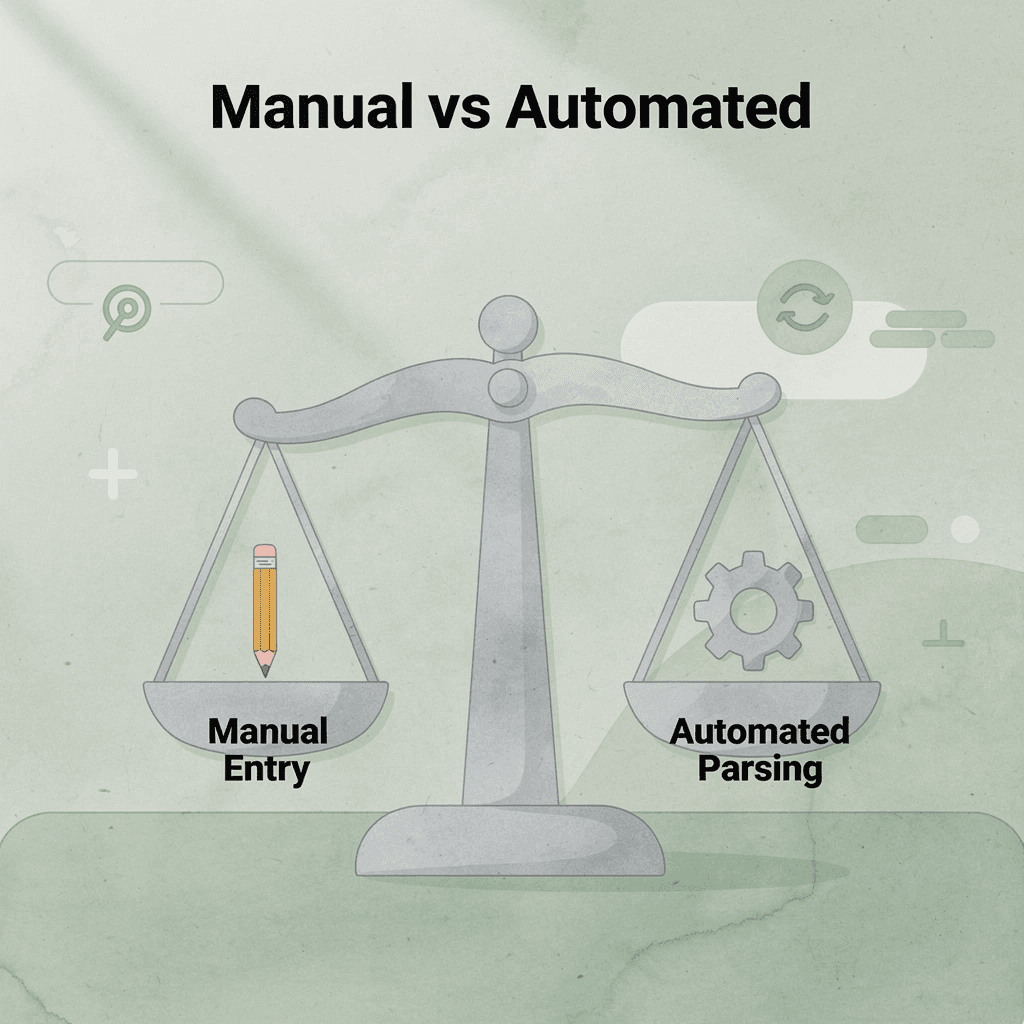 Balance scale comparing manual data entry against automated parsing