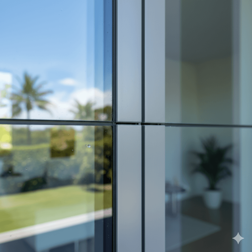 Close-up of modern double-glazed windows at M3M Bliss Low Rise Floors, Sector 61, Gurugram, emphasizing energy efficiency and reflecting greenery