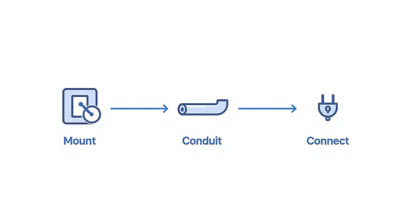 a infographic showing the basic steps a electrician may take to connect and install a transfer switch