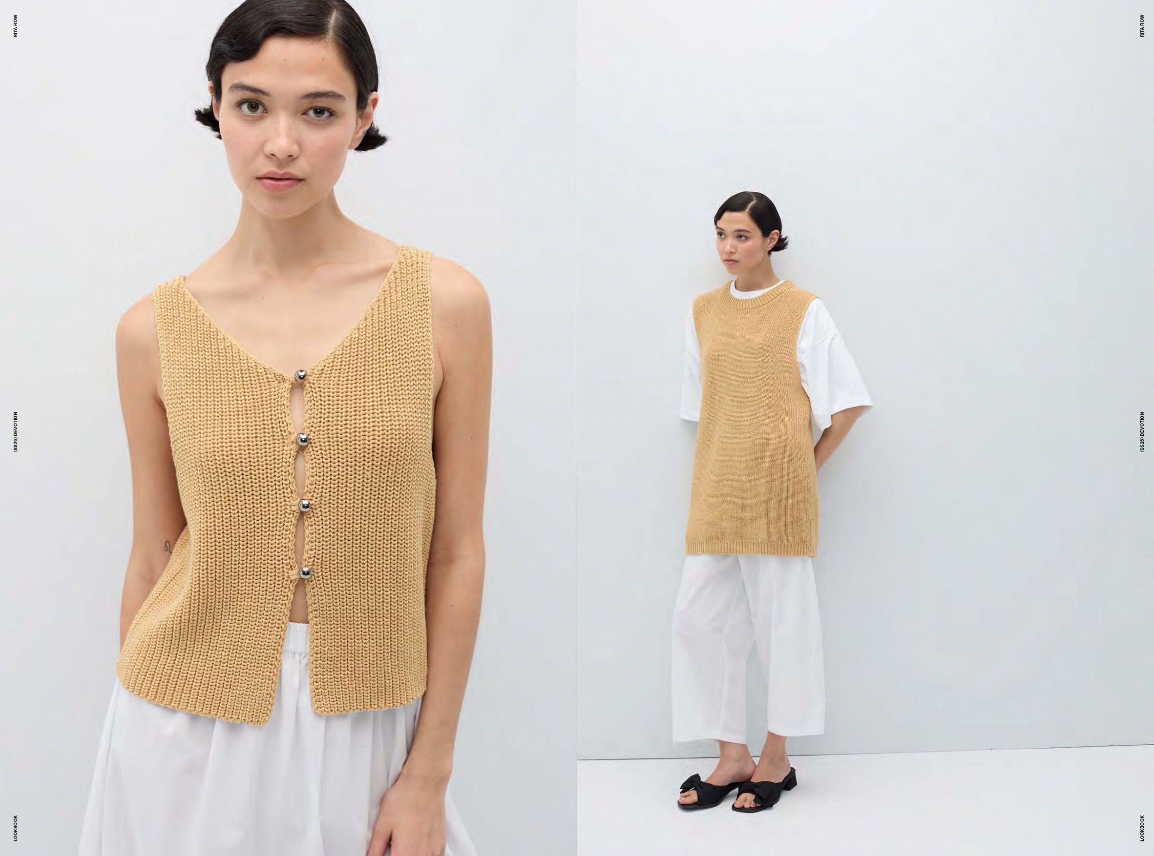 Double page de lookbook Rita Row, mannequin portant un top en crochet et un pantalon blanc
