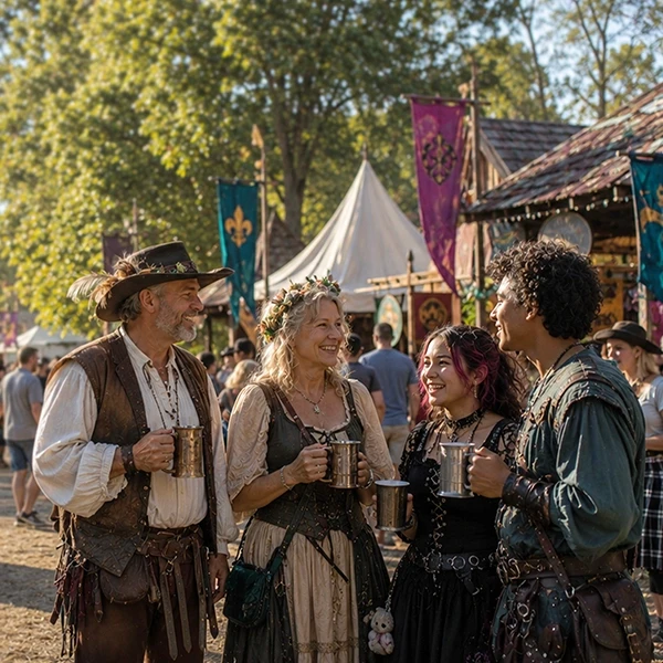 4 middle aged folks are drinking wine in a vineyard with a festival and hot air balloons are behind them