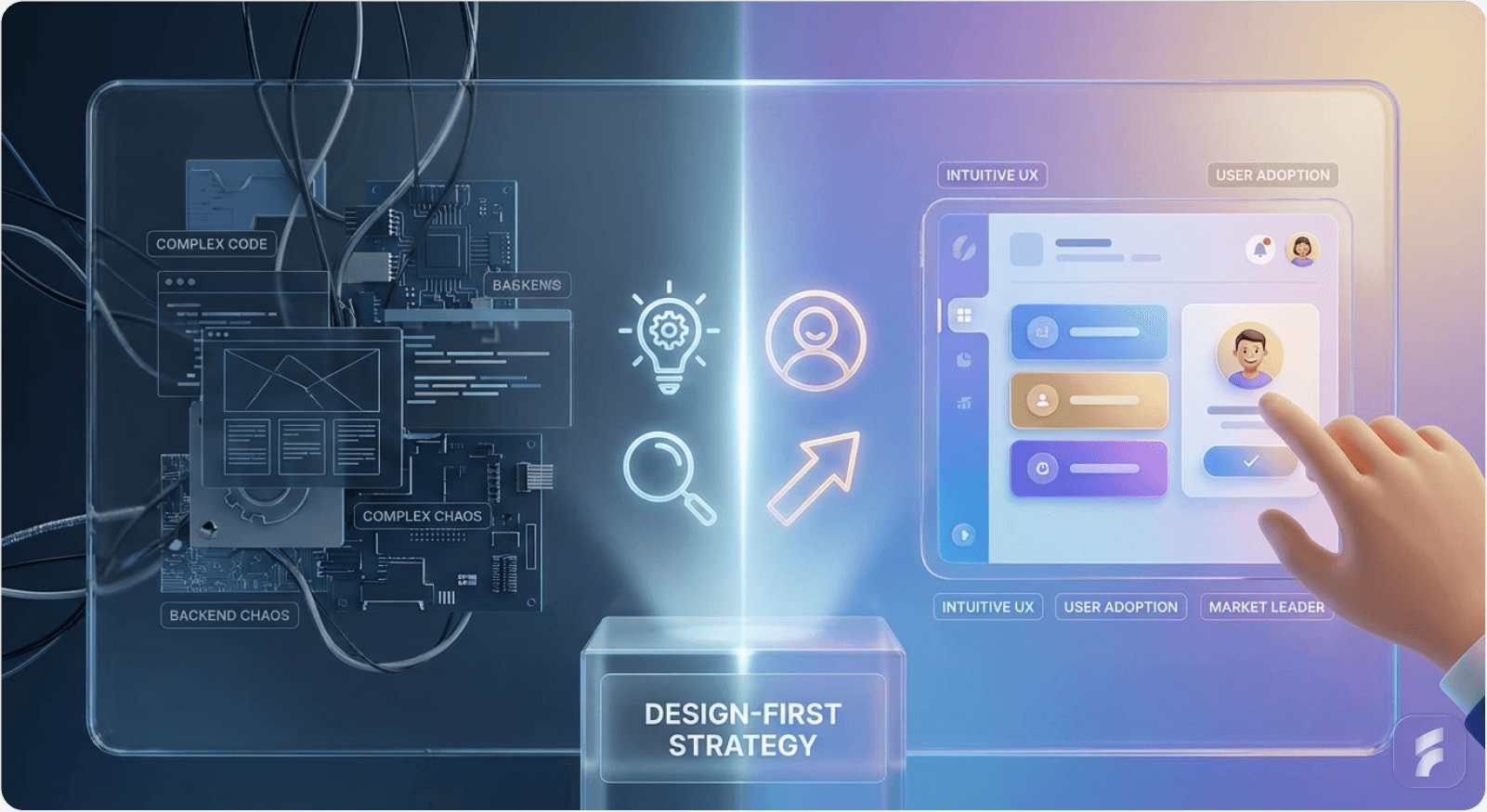 3D visual illustrating the design-first strategy with a smooth, user-friendly interface focused on adoption.