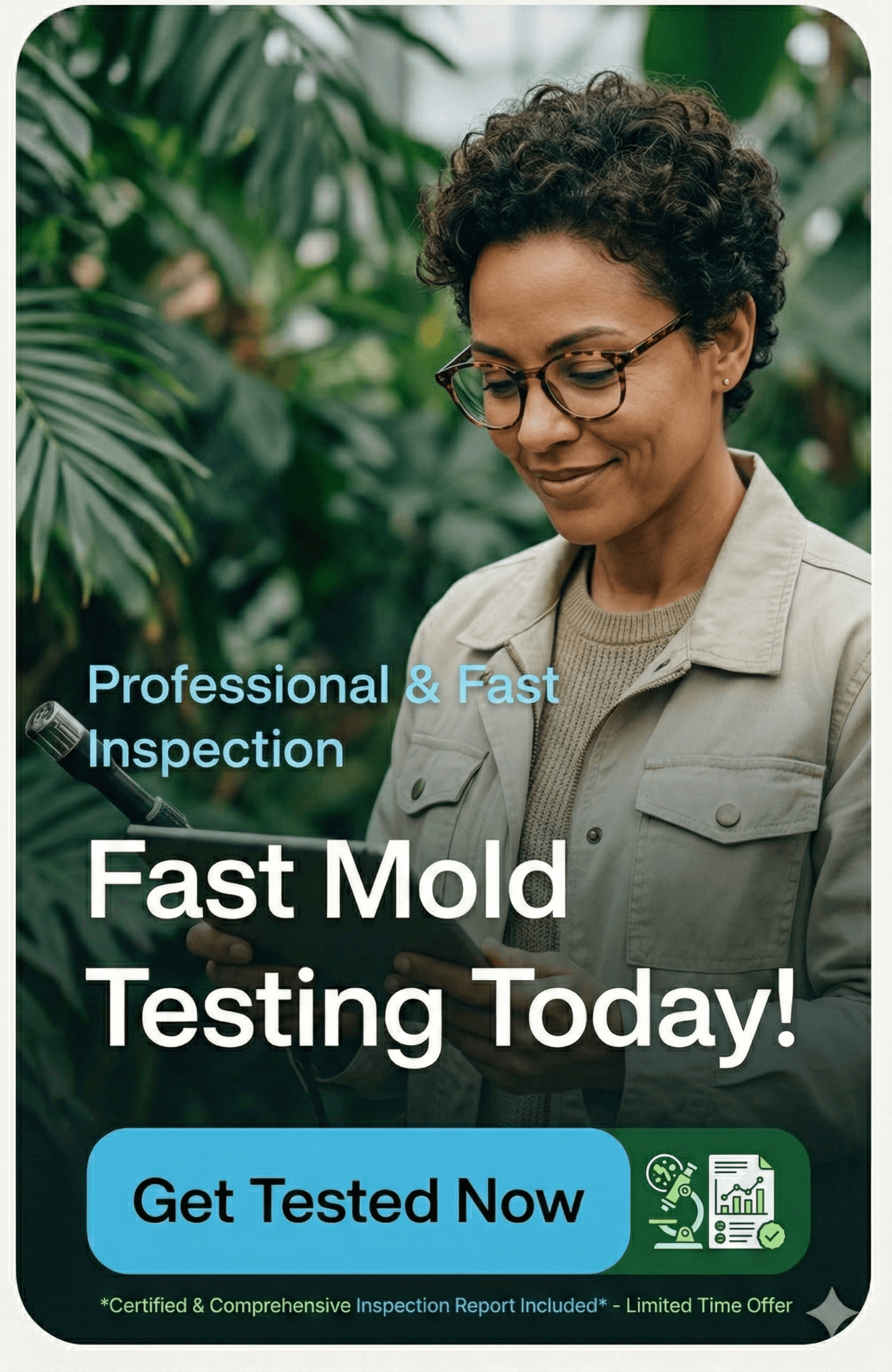 Woman holding tablet during professional mold inspection, promoting fast mold testing services with certified reports and limited-time testing offer.
