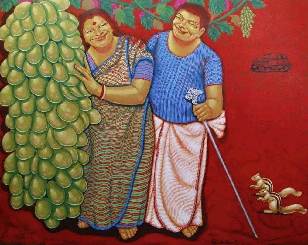 herd of sheep on road painting