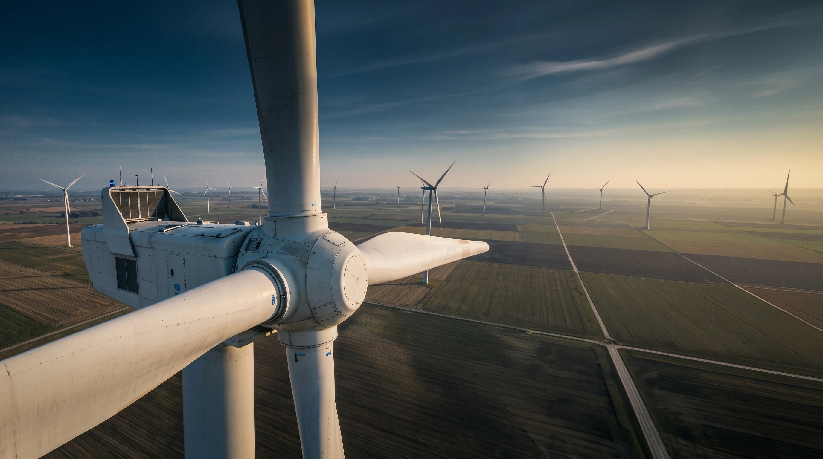Close-up of a wind turbine with more turbines spanning farmland in the background