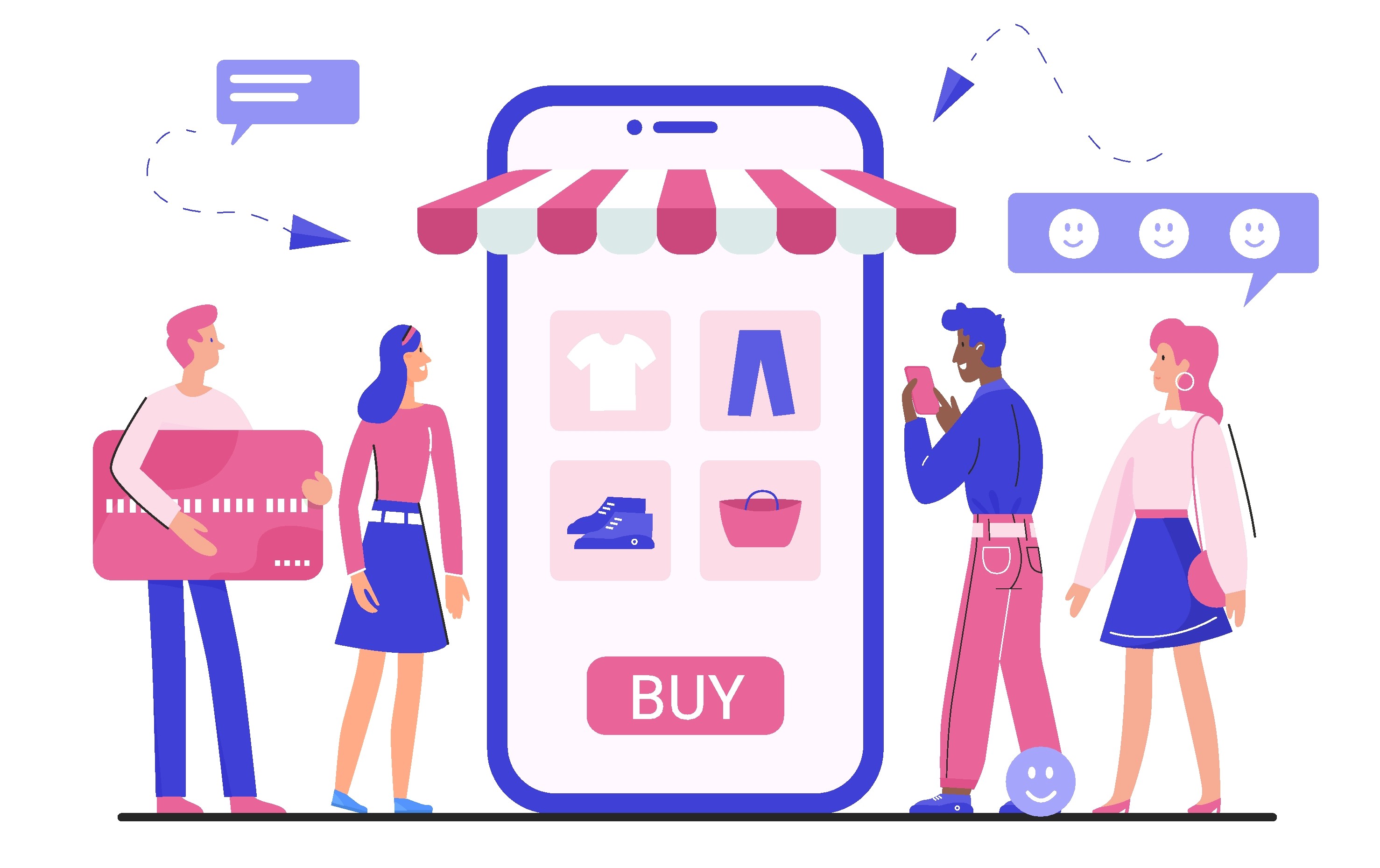 Illustration of shoppers browsing a mobile storefront displaying clothing and accessories, with a credit card and satisfaction ratings representing social commerce and mobile shopping.