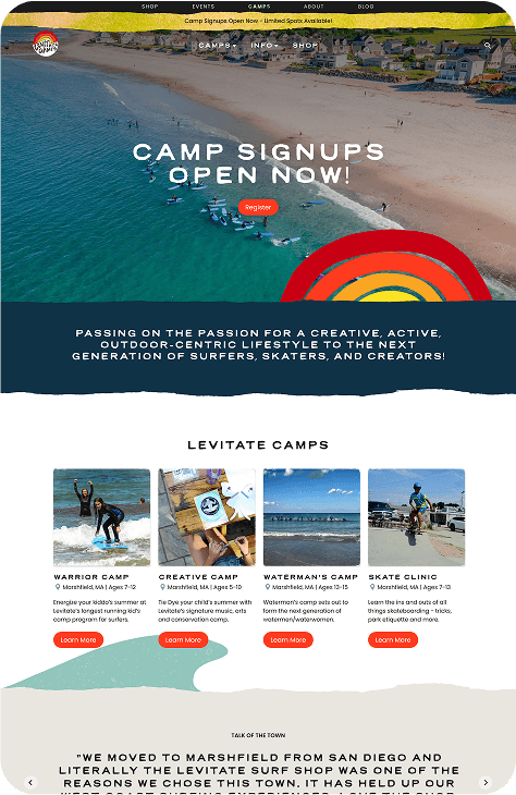 Levitate camp signup website screenshot