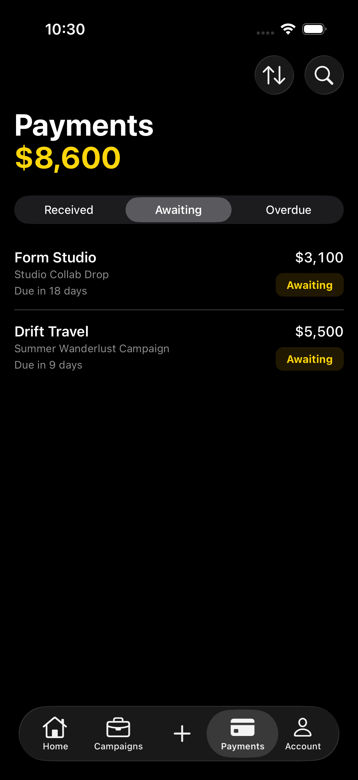 Payments screen