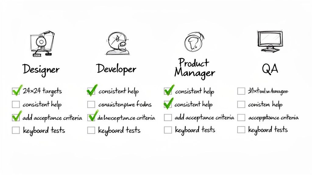 Hand-drawn checklists detailing tasks and responsibilities for designer, developer, product manager, and QA roles.
