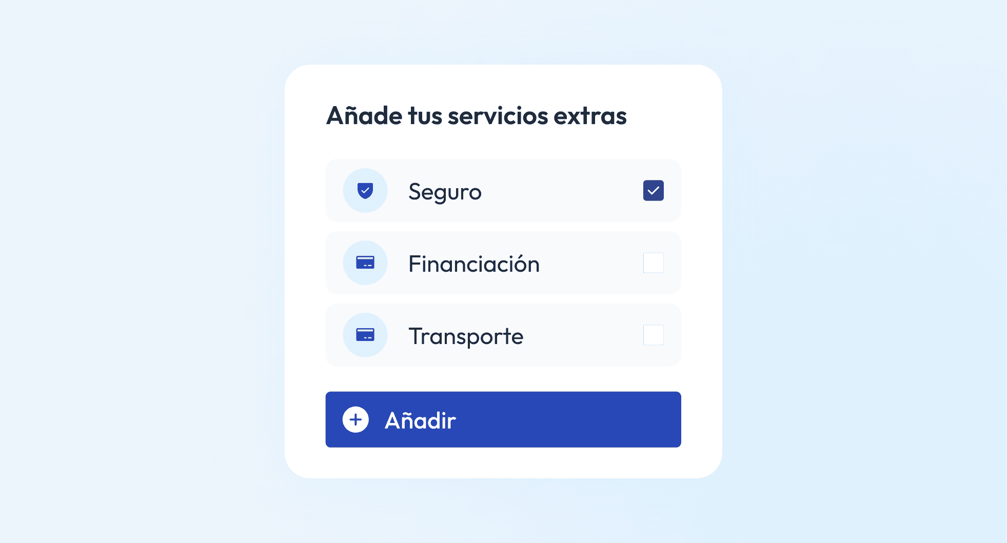 Aggiungi i tuoi servizi extra - Assicurazione, Finanziamento, Trasporto