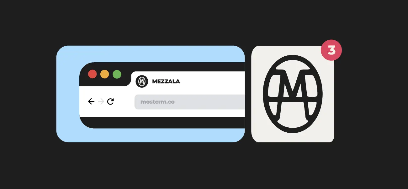 Browser search bar and mobile app icon with a red notification badge showing the Mezzala brand architecture in a digital environment.