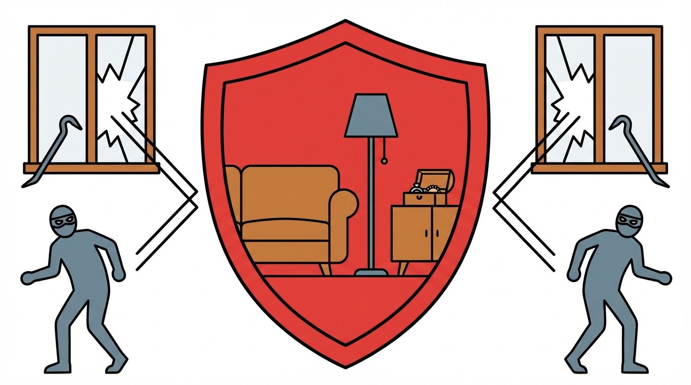 Ein rotes Schild schützt ein Wohnzimmer vor zwei Einbrechern, die mit Brecheisen durch Fenster eindringen wollen.