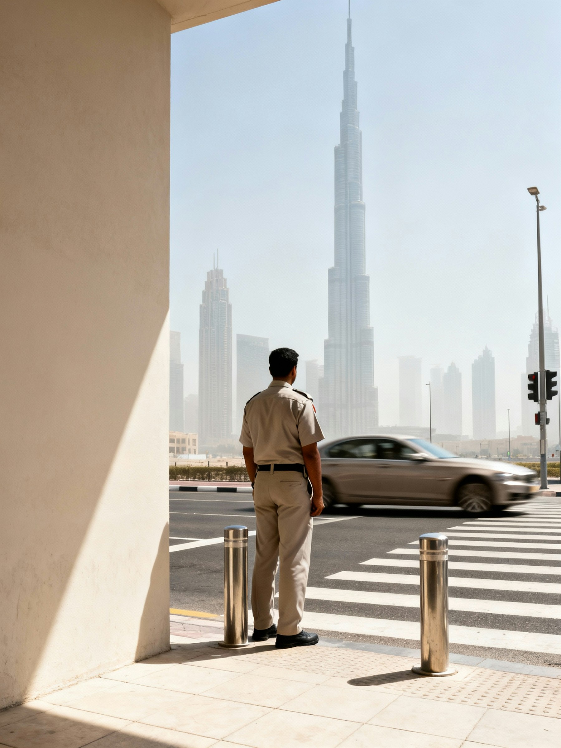 A man in uniform stands near a crosswalk, gazing at the Burj Khalifa in a sunny urban setting, with a car passing by on the road.