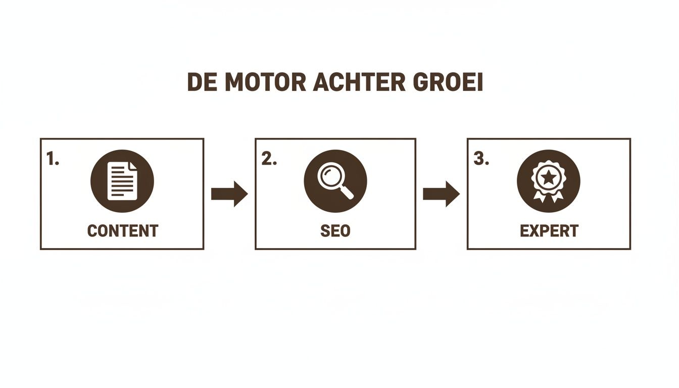 Een infographic die de drie stappen toont: content, SEO en expertise, als de motor achter groei.